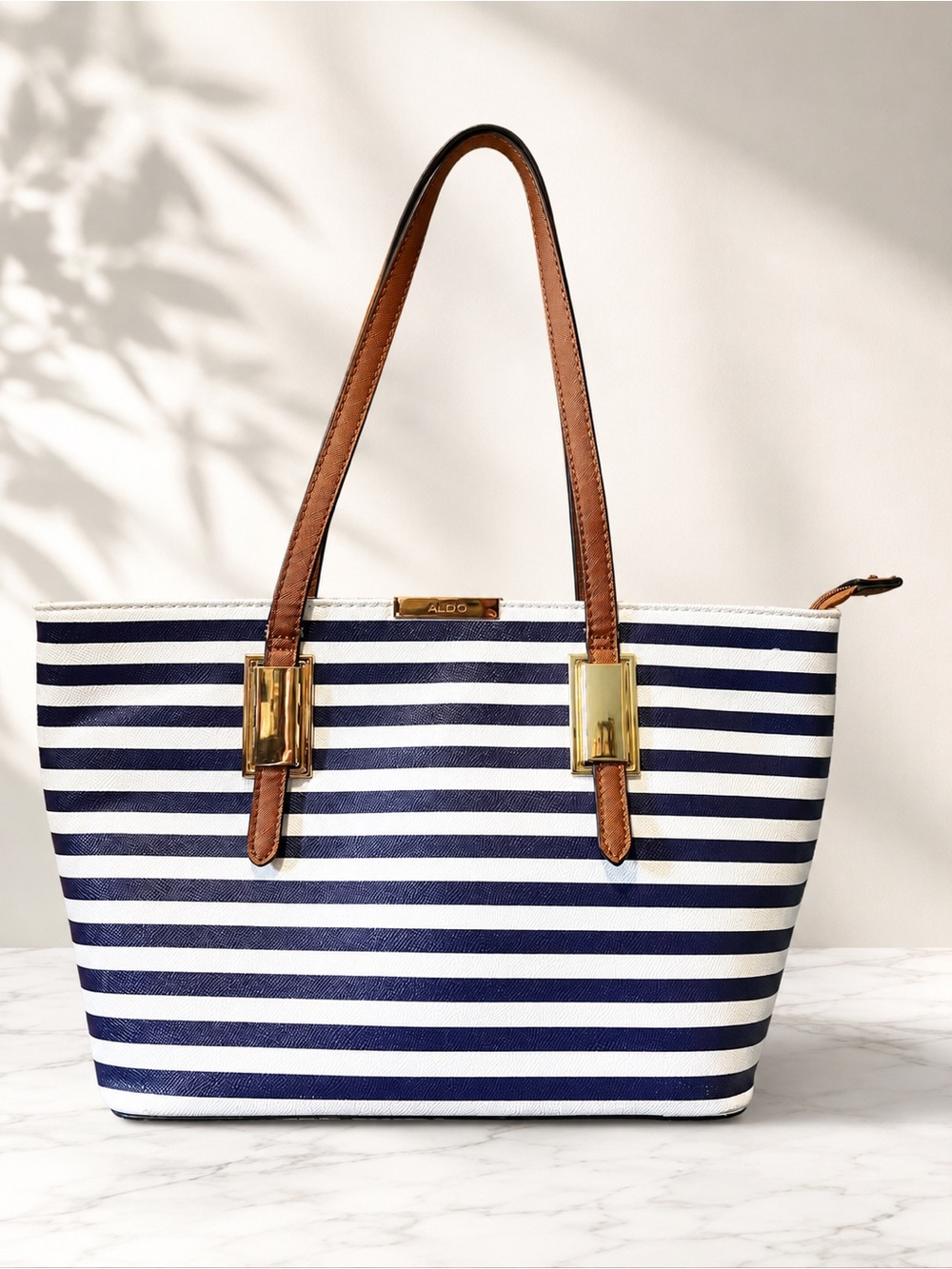 ALDO Navy and White Striped Tote with Brown Handles
